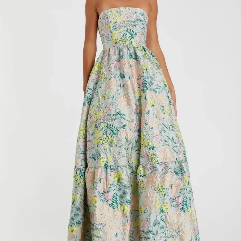 Mac Duggal Strapless Floral Jacquard Gown in Pastel Multi - Picture 1 of 3